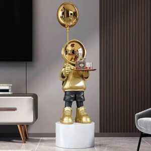 Astronauta con base, globo de luna y bandeja. (DORADO)