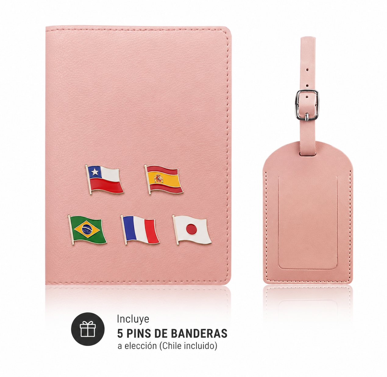 Portapasaporte + Identificador + 5 banderas - Rosado.